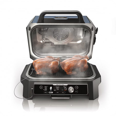 Gratar electric Ninja OG901EU, SMART, 1700W, 7 programe, 45x29 cm, 260C, Ceramica Plocha, Tehnologie Woodfire, IPX4, Negru/Albastru