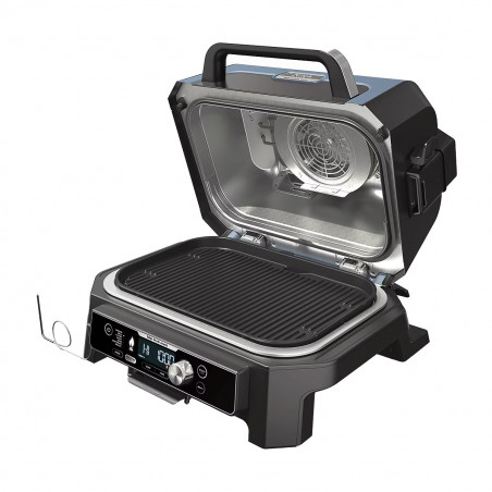 Gratar electric Ninja OG901EU, SMART, 1700W, 7 programe, 45x29 cm, 260C, Ceramica Plocha, Tehnologie Woodfire, IPX4, Negru/Albastru