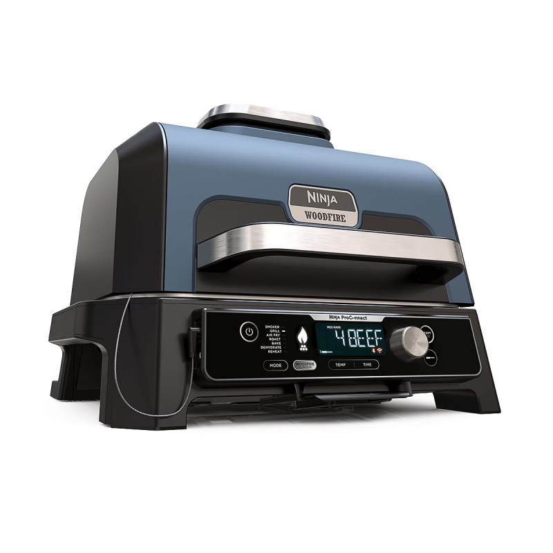 Gratar electric Ninja OG901EU, SMART, 1700W, 7 programe, 45x29 cm, 260C, Ceramica Plocha, Tehnologie Woodfire, IPX4, Negru/Albastru