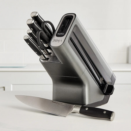 Set cutite cu ascutitor si suport Ninja K32014EUUK, 6 piese, StaySharp, Design ergonomic, Argintiu/Negru