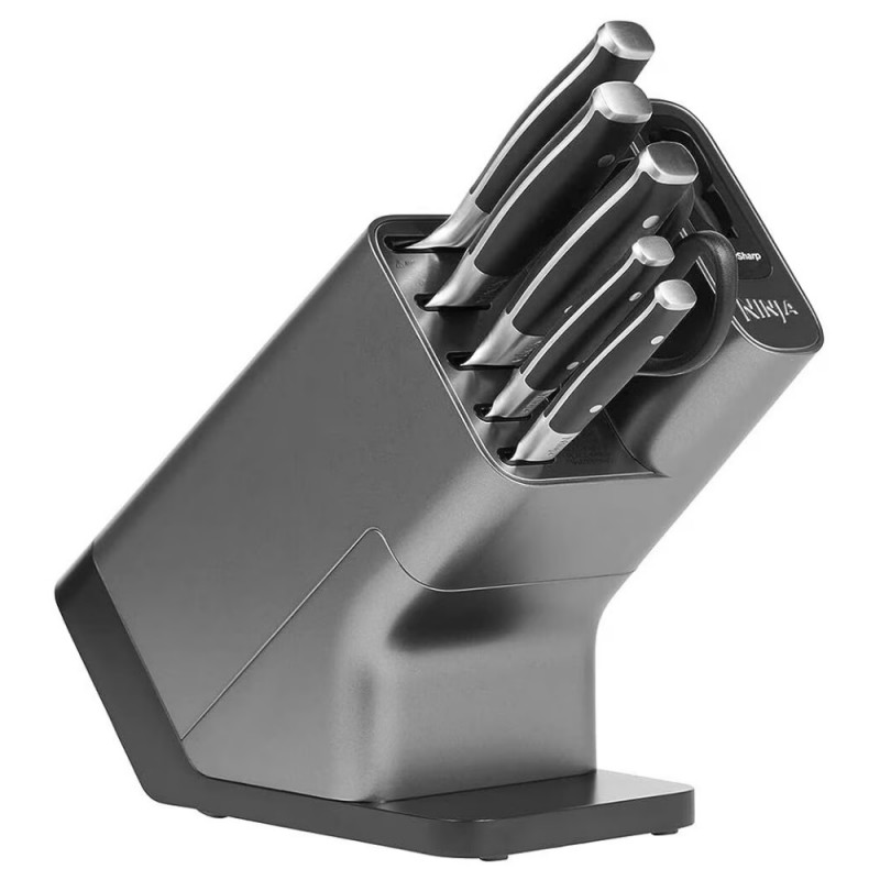 Set cutite cu ascutitor si suport Ninja K32014EUUK, 6 piese, StaySharp, Design ergonomic, Argintiu/Negru