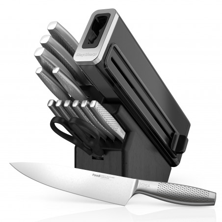 Set cutite cu ascutitor si suport Ninja K62014EUUK, 14 piese, StaySharp, Design ergonomic, Negru/Argintiu