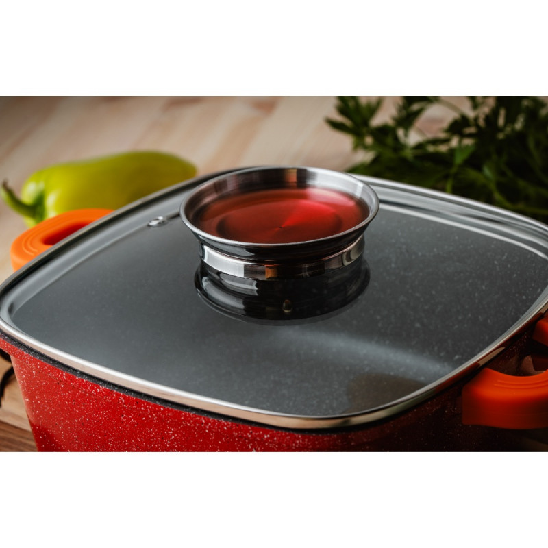 Oala cu dozator Voltz V54323B24A, Capac din sticla, 4,5 litri, 24 cm, Acoperre granit, Inductie, Rosu