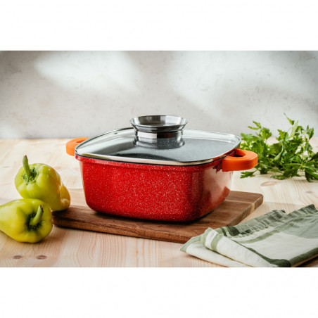 Oala cu dozator Voltz V54323B24A, Capac din sticla, 4,5 litri, 24 cm, Acoperre granit, Inductie, Rosu