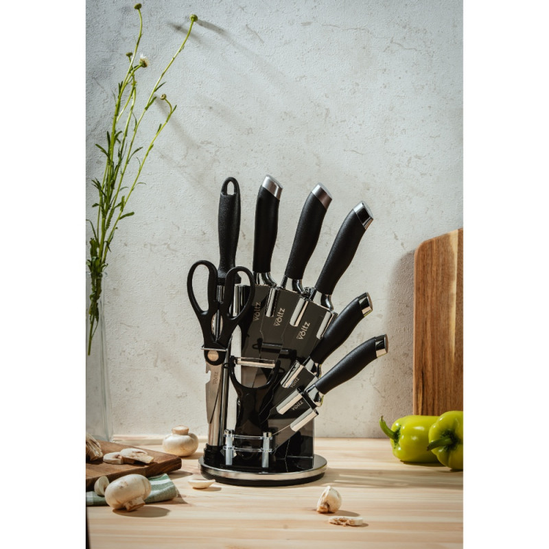 Set cutite Oliver Voltz OV51633K9S, 9 piese, Suport, Negru/Argintiu