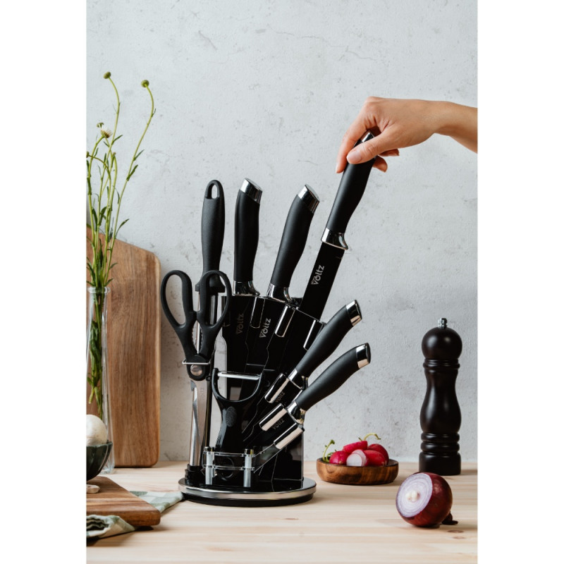 Set cutite Oliver Voltz OV51633K9S, 9 piese, Suport, Negru/Argintiu