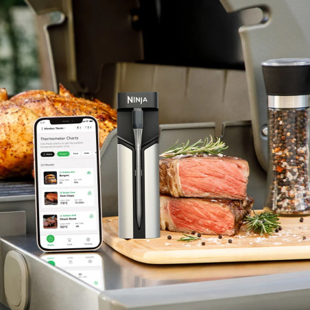 Termometru de bucătărie Ninja ProChef WP100EU, Bluetooth, aplicație mobilă, senzor de temperatură interioară și ambientală, până la 370C, negru/argintiu