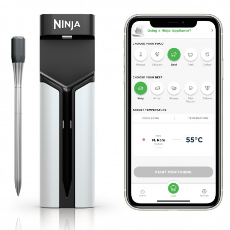 Termometru de bucătărie Ninja ProChef WP100EU, Bluetooth, aplicație mobilă, senzor de temperatură interioară și ambientală, până la 370C, negru/argintiu