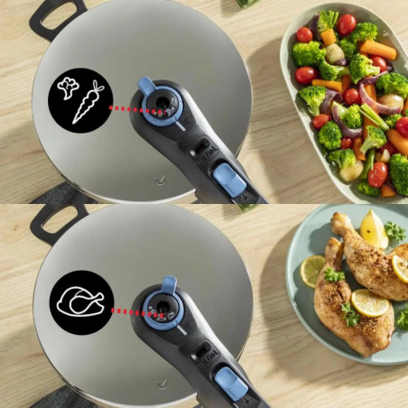 Oală sub presiune Tefal P2584301, 4/6 l, 2 moduri pentru legume și carne, Sistem de siguranță în 5 puncte, Fund cu trei straturi, Inducție, Crom