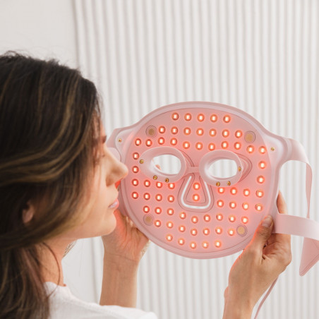 Mască de față pentru fototerapie Beautifly Aura Glam, 220 lumini LED, regenerare de colagen și efect anti-îmbătrânire, 3 intensități, răcire, USB-C, roz