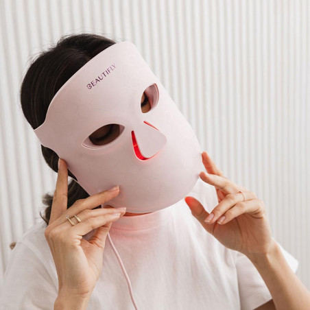 Mască de față pentru fototerapie Beautifly Aura Glam, 220 lumini LED, regenerare de colagen și efect anti-îmbătrânire, 3 intensități, răcire, USB-C, roz