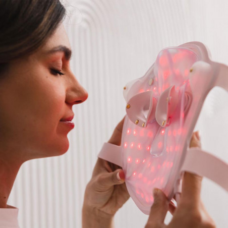 Mască de față pentru fototerapie Beautifly Aura Glam, 220 lumini LED, regenerare de colagen și efect anti-îmbătrânire, 3 intensități, răcire, USB-C, roz