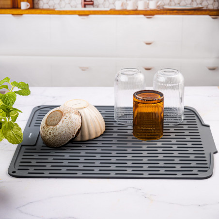 Uscator de vase din silicon KH 1905, 46x40 cm, Suprafata antiderapanta, Marginea de scurgere, Rulare, Gri