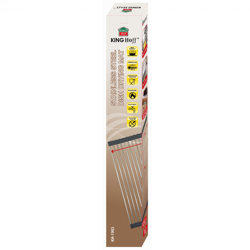 Uscator pentru vase pliabil Kinghoff KH 1903, 45x32 cm, Rezistent la coroziune, Margini din silicon, Antiderapant, Pliabil, Inox/gri