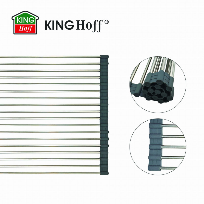 Uscator pentru vase pliabil Kinghoff KH 1903, 45x32 cm, Rezistent la coroziune, Margini din silicon, Antiderapant, Pliabil, Inox/gri