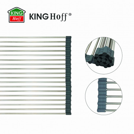 Uscator pentru vase pliabil Kinghoff KH 1903, 45x32 cm, Rezistent la coroziune, Margini din silicon, Antiderapant, Pliabil, Inox/gri