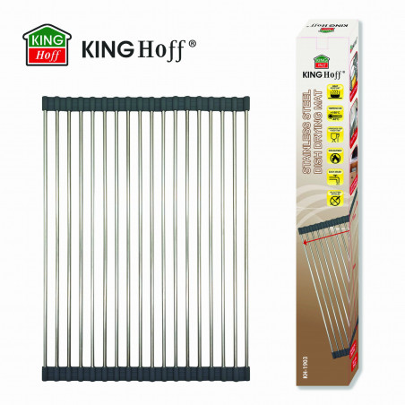 Uscator pentru vase pliabil Kinghoff KH 1903, 45x32 cm, Rezistent la coroziune, Margini din silicon, Antiderapant, Pliabil, Inox/gri