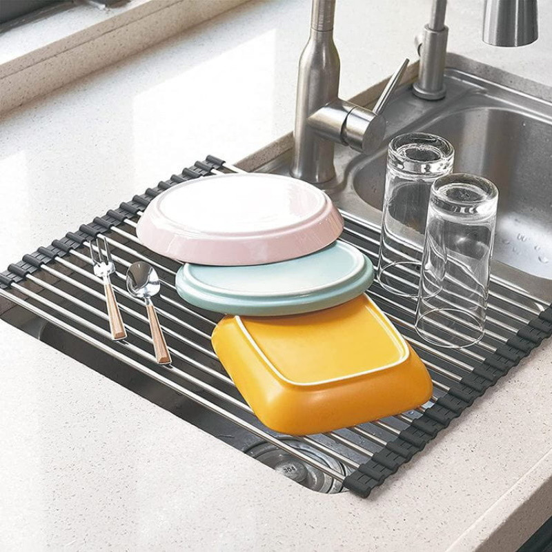 Uscator pentru vase pliabil Kinghoff KH 1903, 45x32 cm, Rezistent la coroziune, Margini din silicon, Antiderapant, Pliabil, Inox/gri