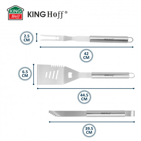 Set 3 ustensile pentru gratar Kinghoff KH 1919, Spatula, Furculita, Furculita, Otel inoxidabil, Inox