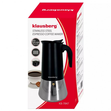 Cafetieră moca Klausberg KB 7847, 12 cesti, 600 ml, Otel inoxidabil, Inductie, Negru/Inox