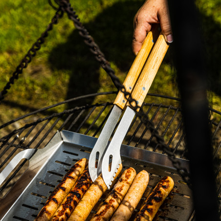 Set 3 ustensile BBQ Kinghoff KH 1918, Spatula, Spatula, Furculita, Manere din lemn, Orificiu pentru agatat, Inox / Maro