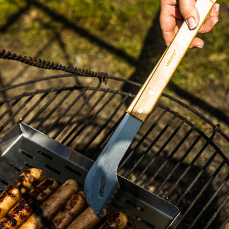 Set 3 ustensile BBQ Kinghoff KH 1918, Spatula, Spatula, Furculita, Manere din lemn, Orificiu pentru agatat, Inox / Maro