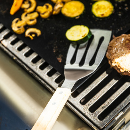 Set 3 ustensile BBQ Kinghoff KH 1918, Spatula, Spatula, Furculita, Manere din lemn, Orificiu pentru agatat, Inox / Maro