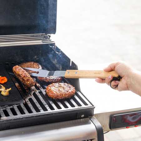 Set 3 ustensile BBQ Kinghoff KH 1918, Spatula, Spatula, Furculita, Manere din lemn, Orificiu pentru agatat, Inox / Maro