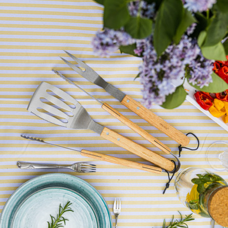 Set 3 ustensile BBQ Kinghoff KH 1918, Spatula, Spatula, Furculita, Manere din lemn, Orificiu pentru agatat, Inox / Maro