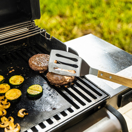 Set 3 ustensile BBQ Kinghoff KH 1918, Spatula, Spatula, Furculita, Manere din lemn, Orificiu pentru agatat, Inox / Maro
