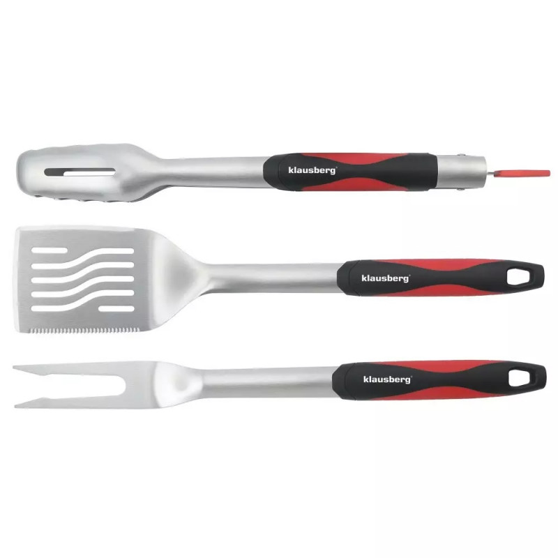 Set 3 ustensile pentru gratar Klausberg BBQ KB 7899, Cleste, Furculita, Spatula, Orificiu de agatat, Otel inoxidabil, Negru/Rosu