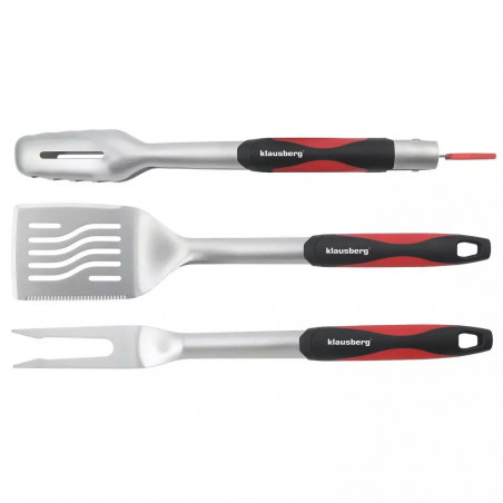 Set 3 ustensile pentru gratar Klausberg BBQ KB 7899, Cleste, Furculita, Spatula, Orificiu de agatat, Otel inoxidabil, Negru/Rosu
