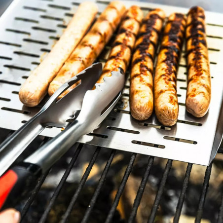 Set 3 ustensile pentru gratar Klausberg BBQ KB 7899, Cleste, Furculita, Spatula, Orificiu de agatat, Otel inoxidabil, Negru/Rosu