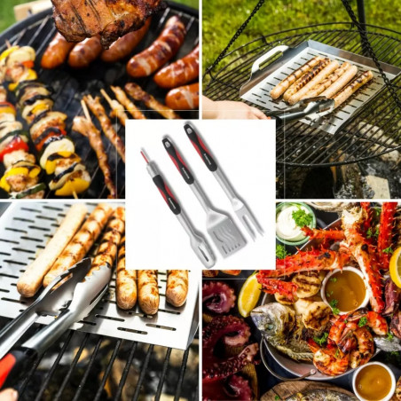 Set 3 ustensile pentru gratar Klausberg BBQ KB 7899, Cleste, Furculita, Spatula, Orificiu de agatat, Otel inoxidabil, Negru/Rosu
