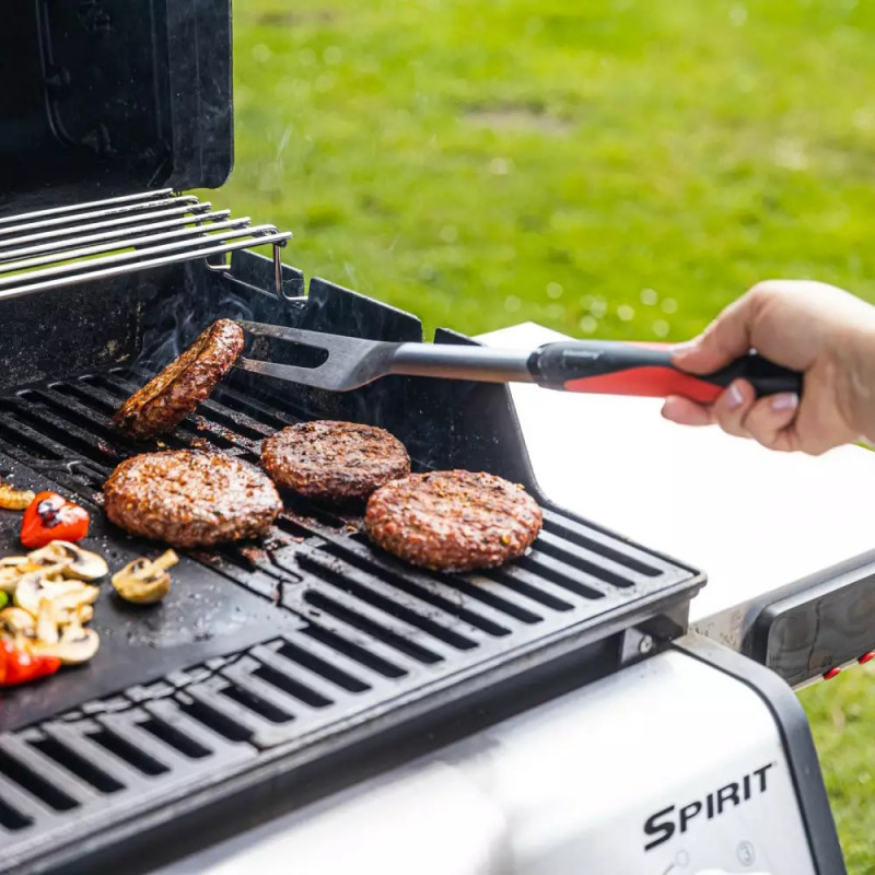 Set 3 ustensile pentru gratar Klausberg BBQ KB 7899, Cleste, Furculita, Spatula, Orificiu de agatat, Otel inoxidabil, Negru/Rosu