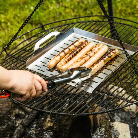 Set 3 ustensile pentru gratar Klausberg BBQ KB 7899, Cleste, Furculita, Spatula, Orificiu de agatat, Otel inoxidabil, Negru/Rosu