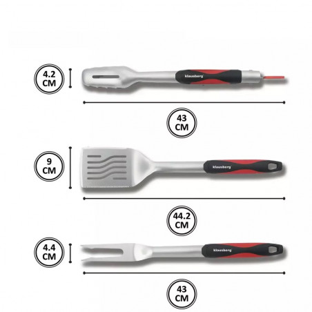 Set 3 ustensile pentru gratar Klausberg BBQ KB 7899, Cleste, Furculita, Spatula, Orificiu de agatat, Otel inoxidabil, Negru/Rosu