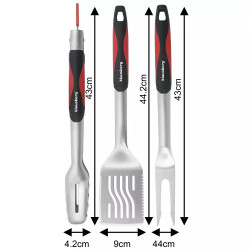 Set 3 ustensile pentru gratar Klausberg BBQ KB 7899, Cleste, Furculita, Spatula, Orificiu de agatat, Otel inoxidabil, Negru/Rosu