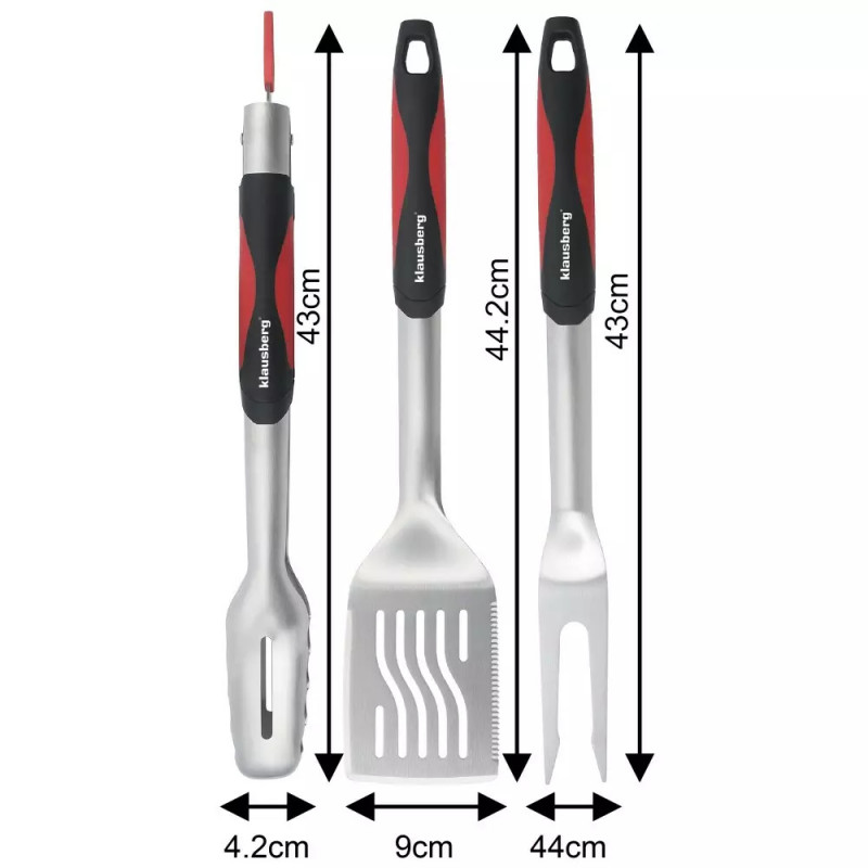 Set 3 ustensile pentru gratar Klausberg BBQ KB 7899, Cleste, Furculita, Spatula, Orificiu de agatat, Otel inoxidabil, Negru/Rosu