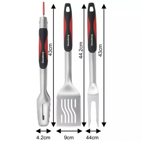 Set 3 ustensile pentru gratar Klausberg BBQ KB 7899, Cleste, Furculita, Spatula, Orificiu de agatat, Otel inoxidabil, Negru/Rosu