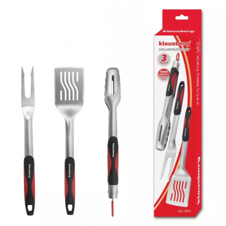 Set 3 ustensile pentru gratar Klausberg BBQ KB 7899, Cleste, Furculita, Spatula, Orificiu de agatat, Otel inoxidabil, Negru/Rosu