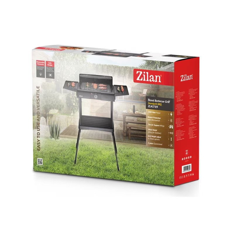 Gratar electric pe suport Zilan ZLN 3789, 2400W, 43x28 cm, Protectie vant, Reglarea gratarului, Negru