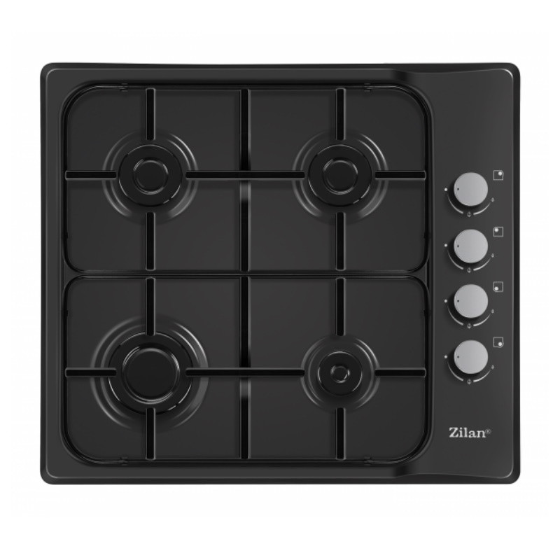 Plită încorporată Zilan ZLN 0034, 4 arzătoare cu gaz, 7.35 kW, Gaz natural sau propan-butan, 60x50 cm, Grătar din fontă, Protecție împotriva scurgerilor de gaz, Negru