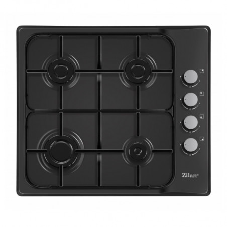 Plită încorporată Zilan ZLN 0034, 4 arzătoare cu gaz, 7.35 kW, Gaz natural sau propan-butan, 60x50 cm, Grătar din fontă, Protecție împotriva scurgerilor de gaz, Negru