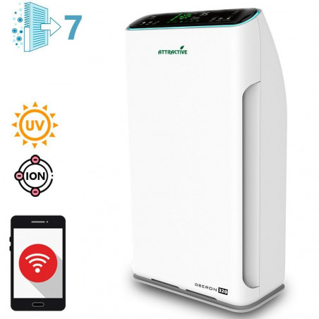 Purificator de aer atractiv Oberon 320, 80W, Pana la 60 m², 320 m³/h, 3 viteze, Wi-Fi, Ponizare, Senzori inteligenti, Telecomandă, Ecran tactil, Alb/Negru