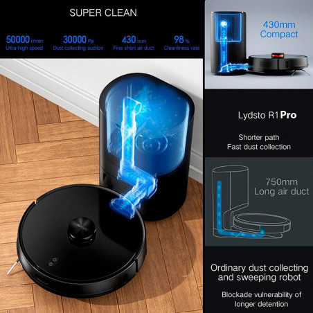 Aspirator robot Xiaomi LYDSTO R1 Pro, 50W, Li-ion 5200 mAh, 3000 Pa, Wi-Fi, Umed / uscat, Autogolire, Autonomie pana la 200 min, Negru