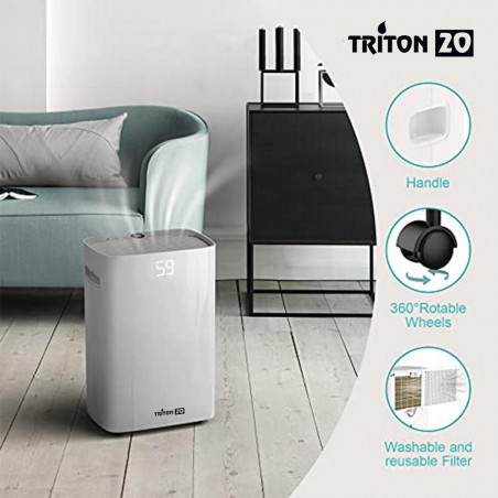 Dezumidificator Attractive TRITON 20, 340W, 2.5 L, Pana la 24L/24h, R290, Timer, Dezghetare automata, Senzor de umiditate, Alb