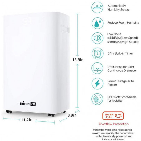 Dezumidificator Attractive TRITON 20, 340W, 2.5 L, Pana la 24L/24h, R290, Timer, Dezghetare automata, Senzor de umiditate, Alb