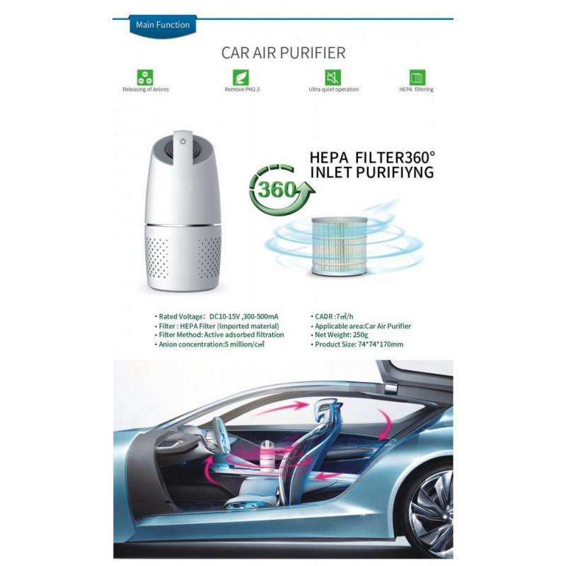 Purificator de aer pentru automobil OBERON 05A, 8m³/h, 360°, Ultra silentios, Hepa + ionizator, LED, Alb