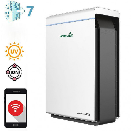 Purificator de aer Attractive Oberon 350, 85W, Pana la 65 m², 350 m³/h, 3 viteze, Wi-Fi, Ionizare, Senzori inteligenti, Telecomanda, Ecran tactil, Alb/Negru